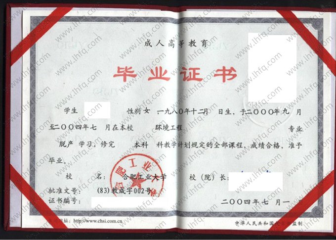 合肥工业大学2004年脱产本科毕业证书样本图片（环境工程）
