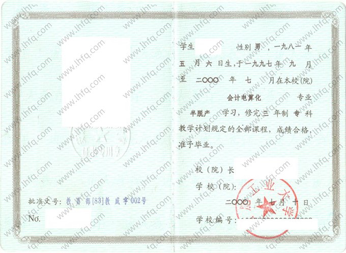 合肥工业大学2000年脱产专科毕业证书样本图片（会计电算化）