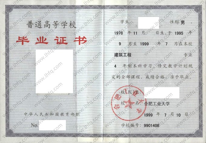 合肥工业大学1999年普通全日制本科毕业证书样本图片（建筑工程）