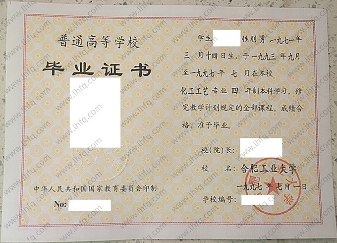 合肥工业大学1997年普通全日制本科毕业证书样本图片（化工工艺）