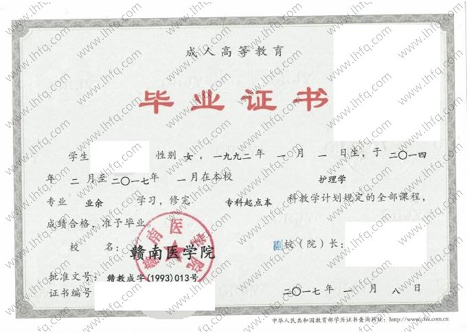 赣南医学院2017年业余专科起点本科毕业证书样本图片（护理学）