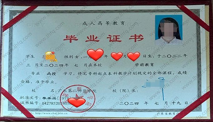 广东第二师范学院2024年函授专科起点本科毕业证书样本图片（学前教育）