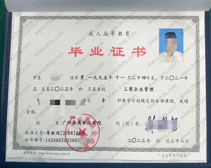 广州华商职业学院2023年函授专科毕业证书样本图片（工商企业管理）