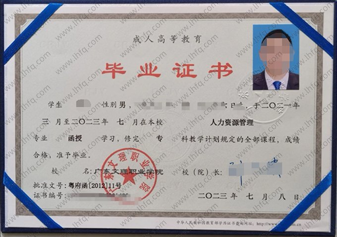 广东文理职业学院2023年函授专科毕业证书样本图片（人力资源管理）