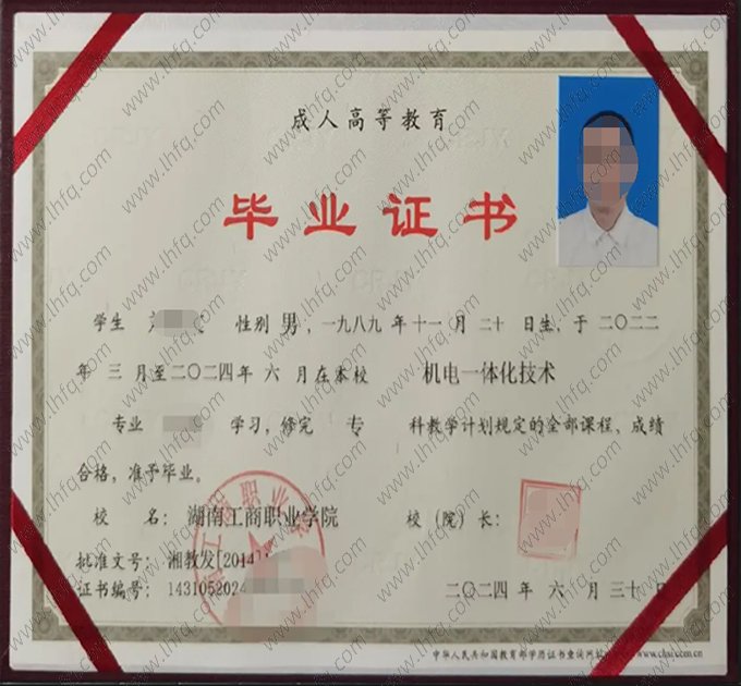 湖南工商职业学院2024年函授专科毕业证书样本图片（机电一体化技术）
