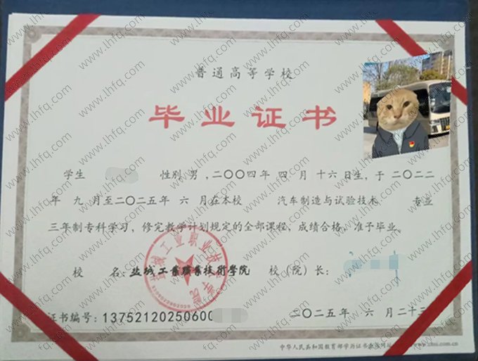盐城工业职业技术学院2025年普通全日制专科毕业证书样本图片（汽车制造与试验技术）