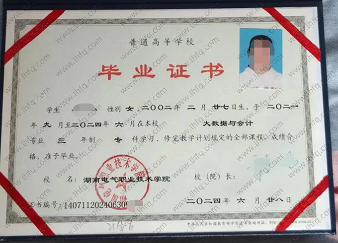 湖南电气职业技术学院2024年普通全日制专科毕业证书样本图片（大数据与会计）