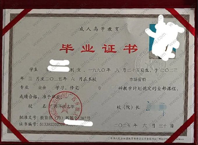 广西开放大学2025年业余专科毕业证书样本图片（市场营销）