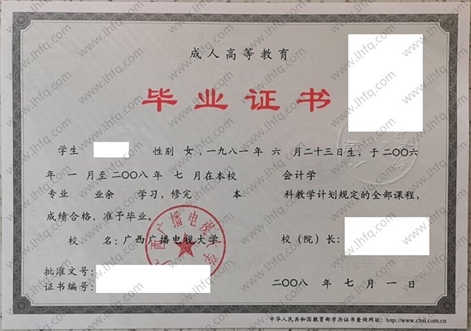 广西广播电视大学2008年业余本科毕业证书样本图片（会计学）