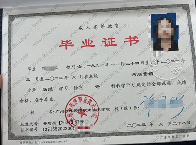 广州涉外经济职业技术学院2023年函授专科毕业证书样本图片（市场营销）