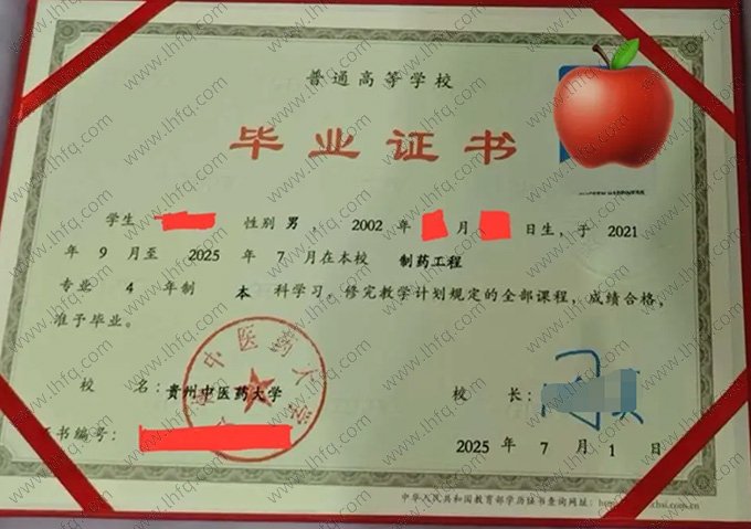 贵州中医药大学2025年普通全日制本科毕业证书样本图片（制药工程）