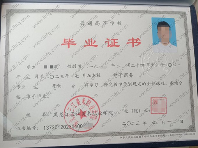 黑龙江三江美术职业学院2023年普通全日制专科毕业证书样本图片（电子商务）