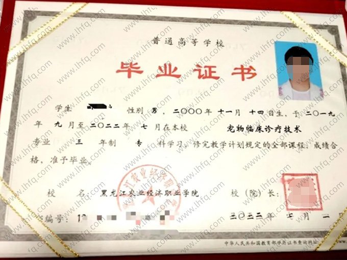 黑龙江农业经济职业学院2022年普通全日制专科毕业证书样本图片（宠物临床诊疗技术）