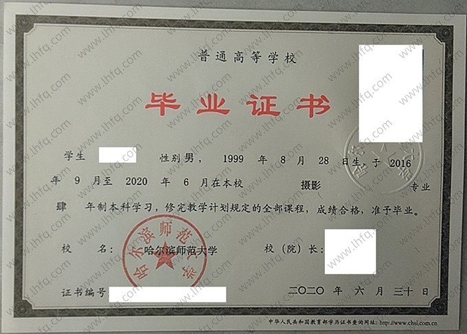 哈尔滨师范大学2020年普通全日制本科毕业证书样本图片（摄影）