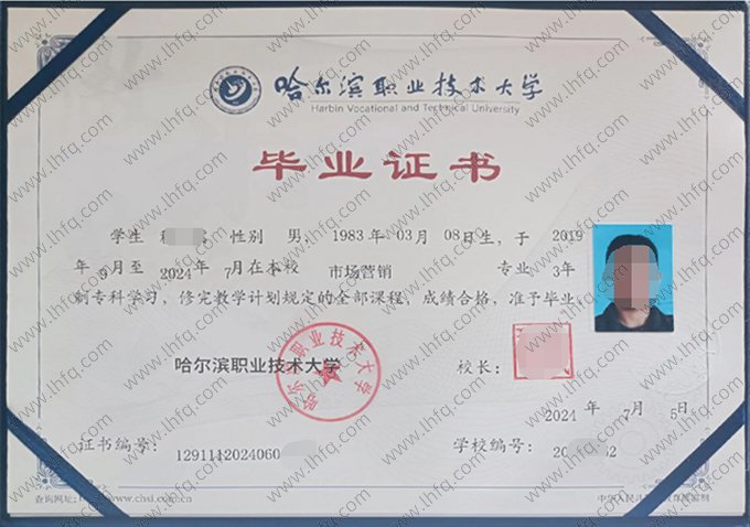 哈尔滨职业技术大学2024年普通全日制专科毕业证书样本图片（市场营销）