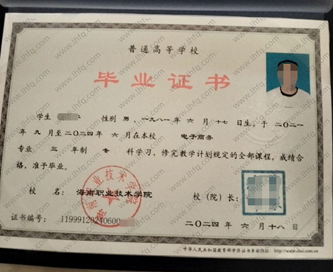 海南职业技术学院2024年普通全日制专科毕业证书样本图片（电子商务）