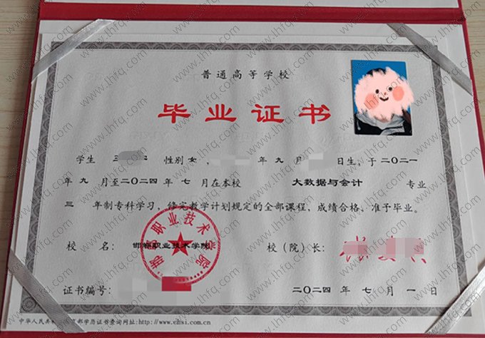 邯郸职业技术学院2024年普通全日制专科毕业证书样本图片（大数据与会计）