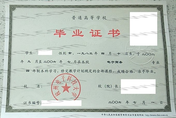 杭州电子科技大学2006年普通全日制本科毕业证书样本图片（电子商务）