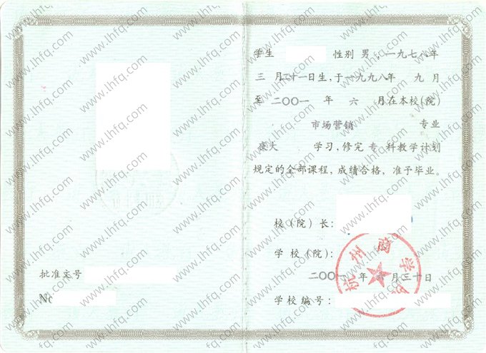 杭州商学院2001年夜大专科毕业证书样本图片（市场营销）