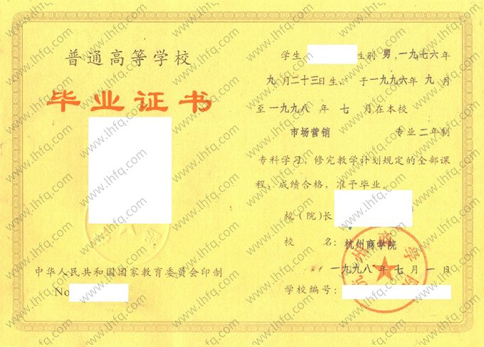 杭州商学院1998年普通全日制专科毕业证书样本图片（市场营销）