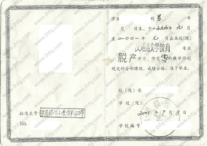 合肥教育学院2001年脱产专科毕业证书样本图片（汉语言文学教育）