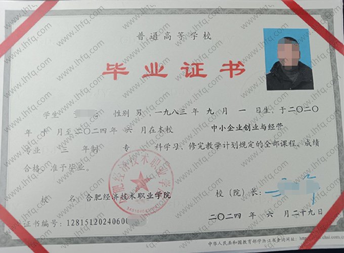 合肥经济技术职业学院2024年普通全日制专科毕业证书样本图片（中小企业创业与经营）