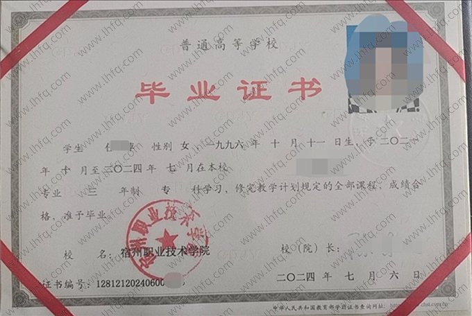 宿州职业技术学院2024年普通全日制专科毕业证书样本图片（电子商务）