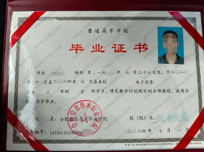 合肥信息技术职业学院2024年普通全日制专科毕业证书样本图片（电子商务）
