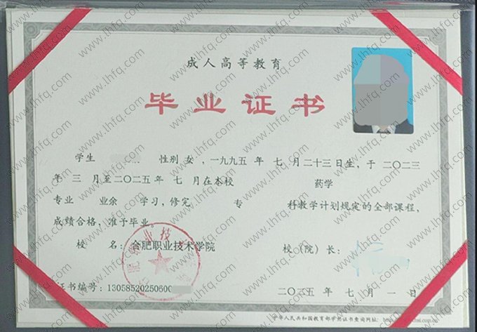 合肥职业技术学院2025年业余专科毕业证书样本图片（药学）