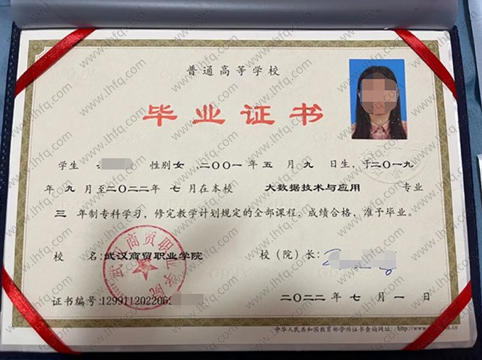 武汉商贸职业学院2022年普通全日制专科毕业证书样本图片（大数据技术与应用）