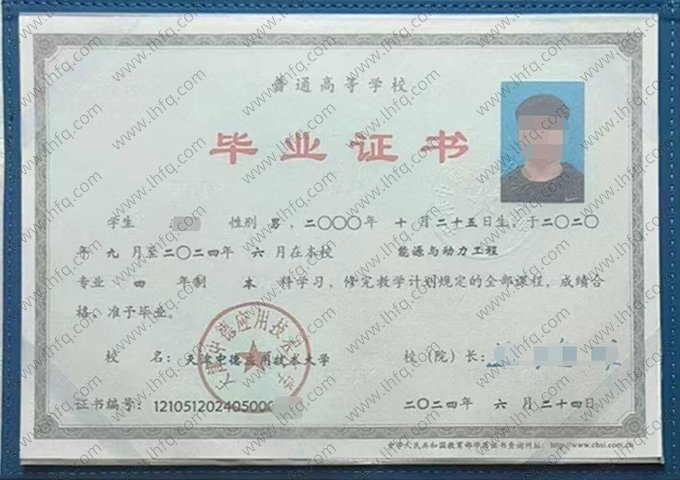 天津中德应用技术大学2024年普通全日制本科毕业证书样本图片（能源与动力工程）
