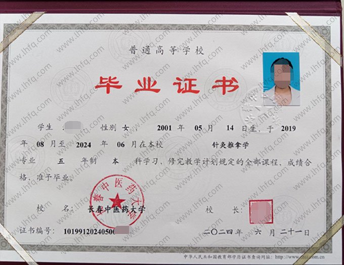 长春中医药大学2024年普通全日制本科毕业证书样本图片（针灸推拿学）