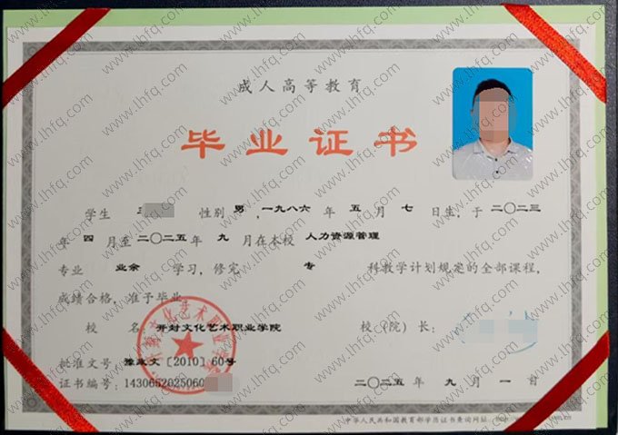 开封文化艺术职业学院2025年业余专科毕业证书样本图片（人力资源管理）