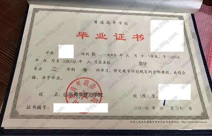 山东青年政治学院2010年普通全日制专科毕业证书样本图片（会计）