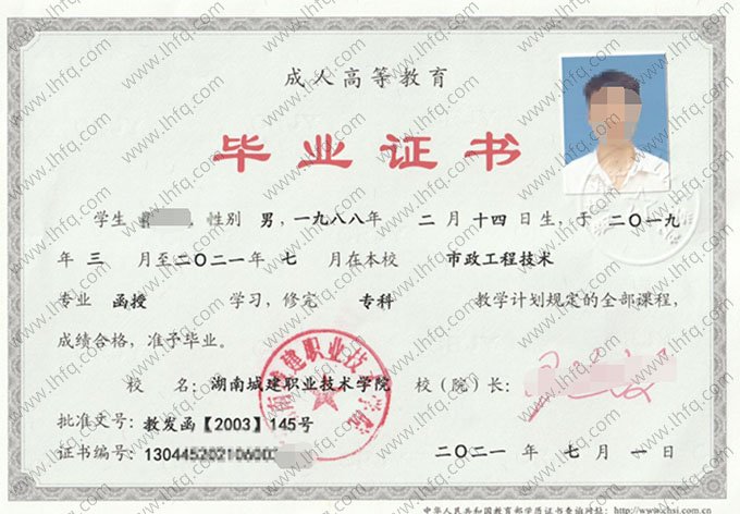湖南城建职业技术学院2021年函授专科毕业证书样本图片（市政工程技术）