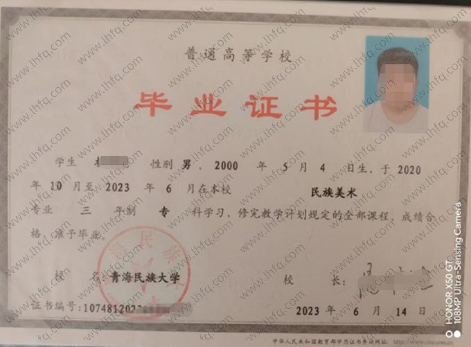 青海民族大学2023年普通全日制专科毕业证书样本图片（民族美术）