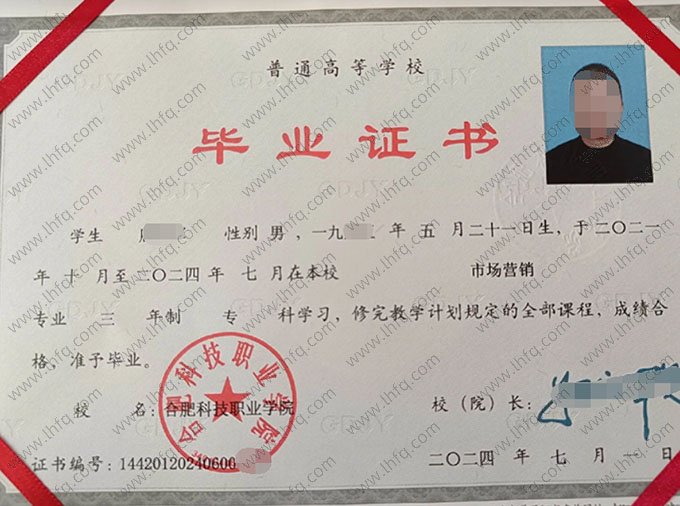 合肥科技职业学院2024年普通全日制专科毕业证书样本图片（市场营销）