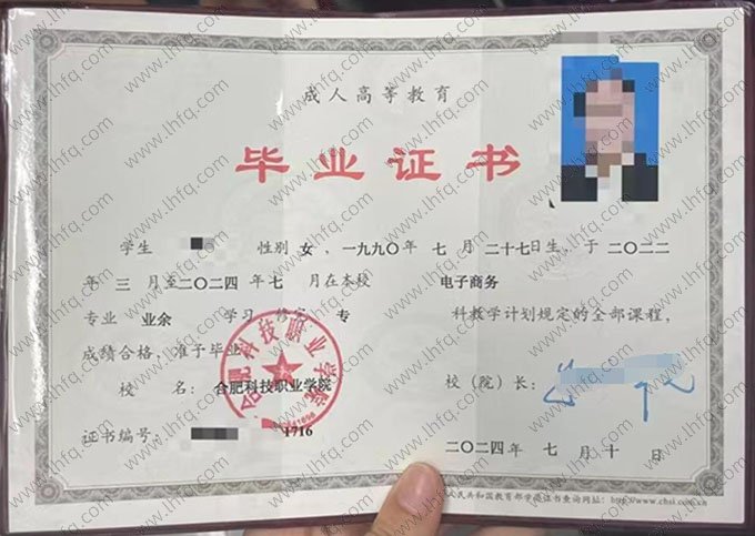 合肥科技职业学院2024年业余专科毕业证书样本图片（电子商务）