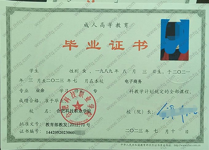合肥科技职业学院2023年业余专科毕业证书样本图片（电子商务）