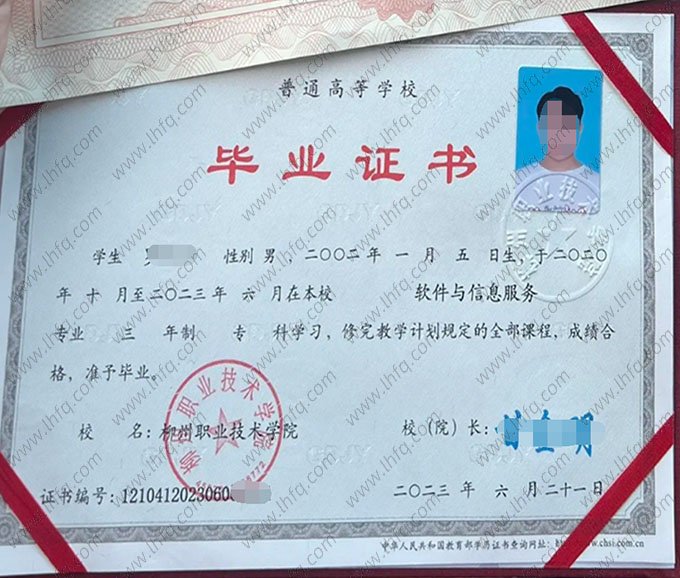 柳州职业技术学院2023年普通全日制专科毕业证书样本图片（软件与信息服务）