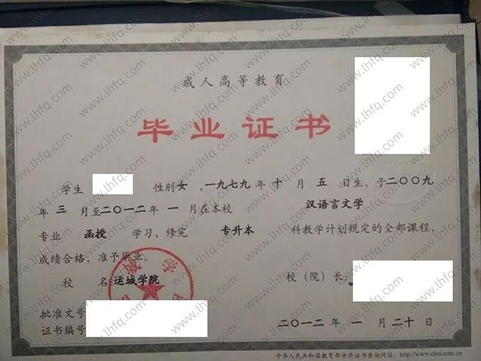运城学院2012年函授专升本科毕业证书样本图片（汉语言文学）