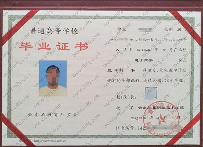 云南三鑫职业技术学院2025年普通全日制专科毕业证书样本图片（电子商务）