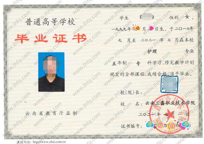 云南三鑫职业技术学院2021年普通全日制专科毕业证书样本图片（护理）