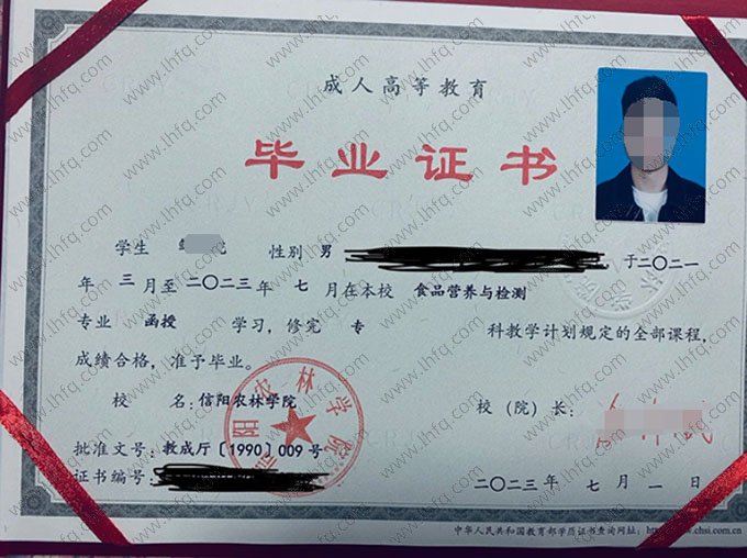信阳农林学院2023年函授专科毕业证书样本图片（食品营养与检测）