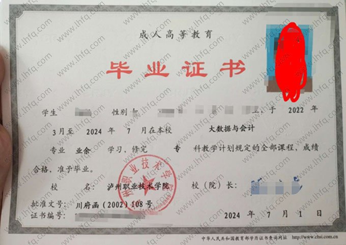 泸州职业技术学院2024年业余专科毕业证书样本图片（大数据与会计）