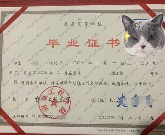 南京工程学院2023年普通全日制本科毕业证书样本图片（工业工程）