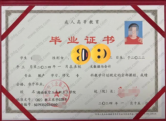 湖南航空工业职工工学院2024年脱产专科毕业证书样本图片（大数据与会计）