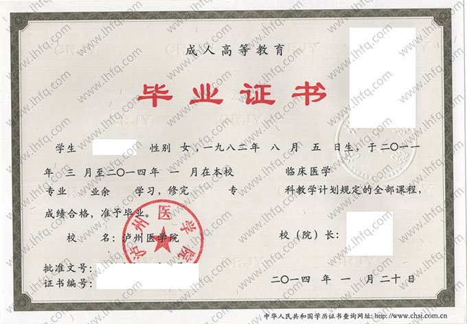 泸州医学院2014年业余专科毕业证书样本图片（临床医学）