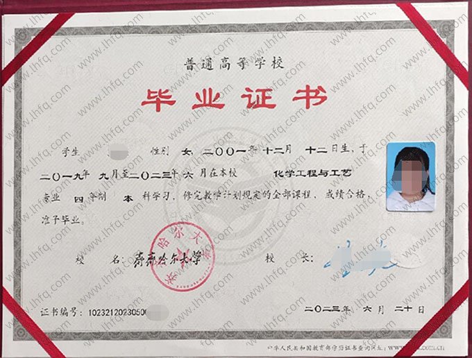 齐齐哈尔大学2023年普通全日制本科毕业证书样本图片（化学工程与工艺）