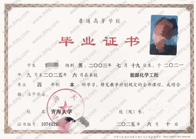 青海大学2025年普通全日制本科毕业证书样本图片（能源化学工程）